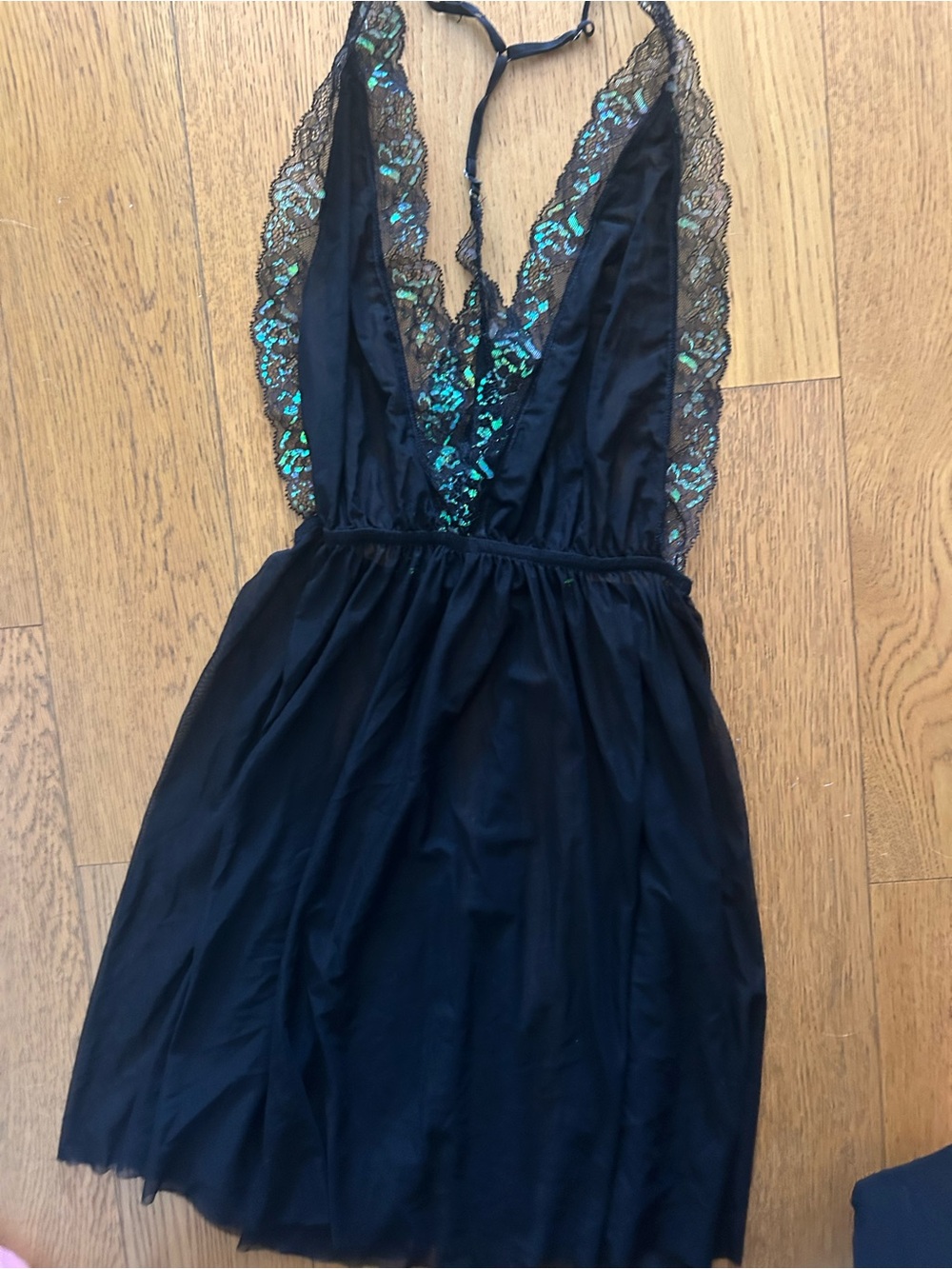 Black Lace Plunge Slip Dress with Iridescent Green Accents
